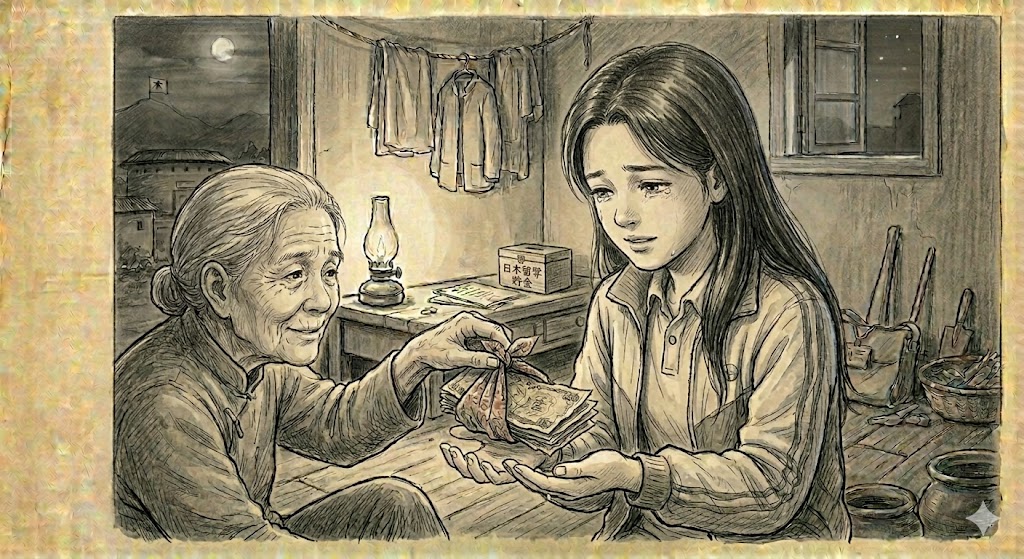 おばあちゃんが夢のためのお金を渡す場面